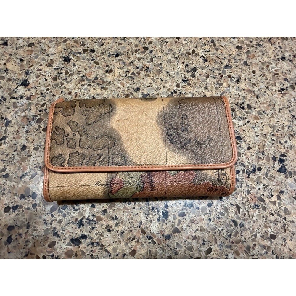 World Map Print Tri Fold Wallet Long Clutch Tan Map Checkbook Wallet